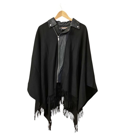 New York & Company Jackets & Blazers - New York & Company Black Fringe Poncho Faux Leather Moto Zip Wrap M/L 3361